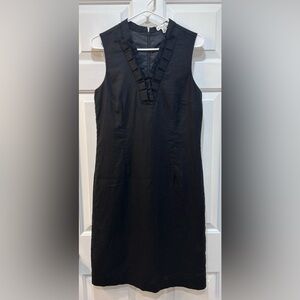 Women's 100% Linen Little Black Dress Sleeveless Ruffle V-Neck LBD Zip Back Sz 8